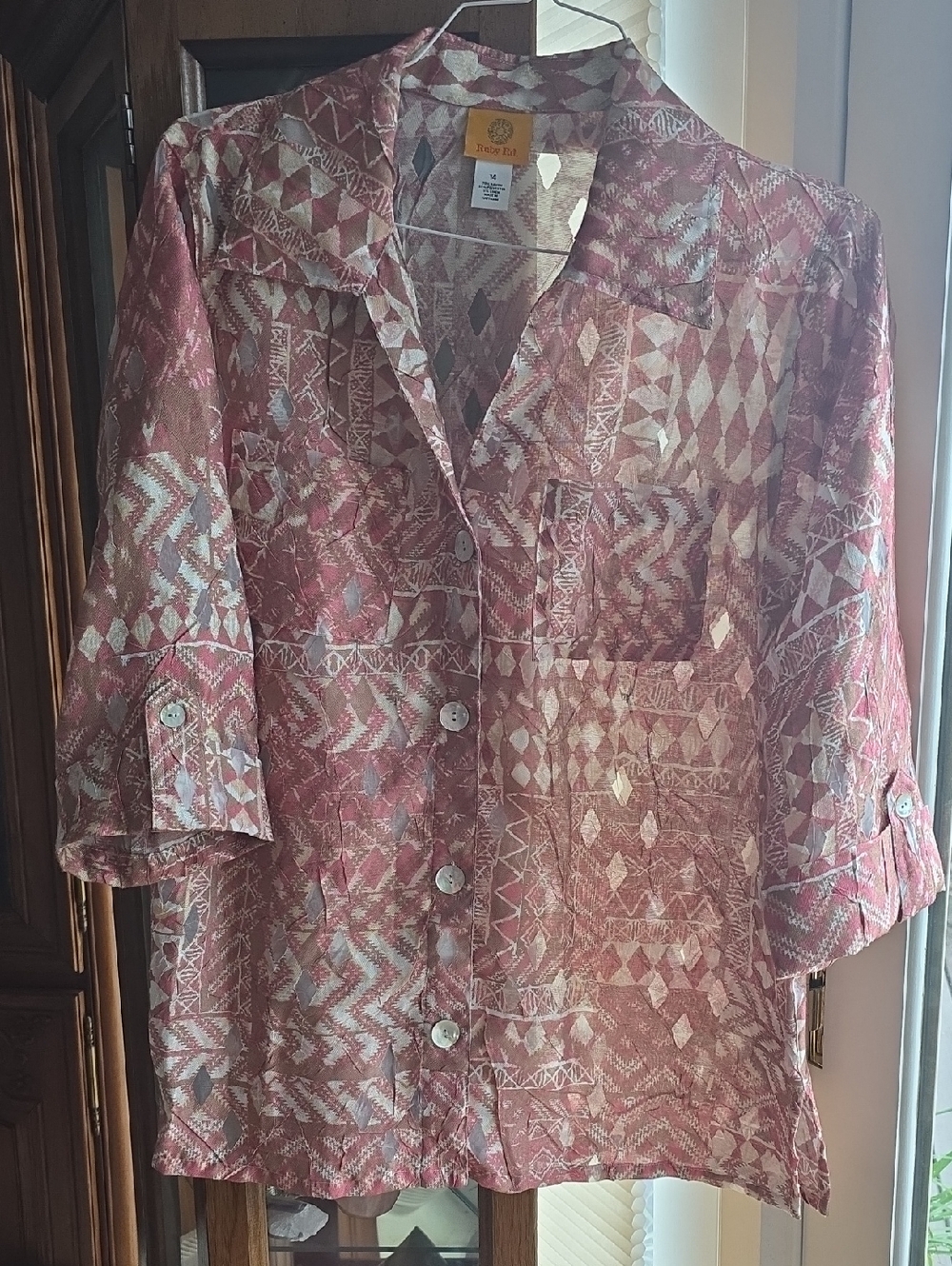 Ruby Rd. Pink and Cream Geometric Button-Front Top